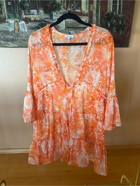 blue island Orange & White Floral Tie-Front Tunic Cover Up